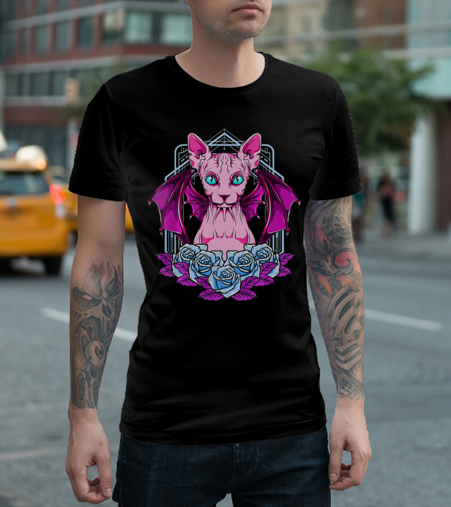 Sphynx Goth Cat with Bat Wings and Roses Mysterious and Sophisticat T-Shirt