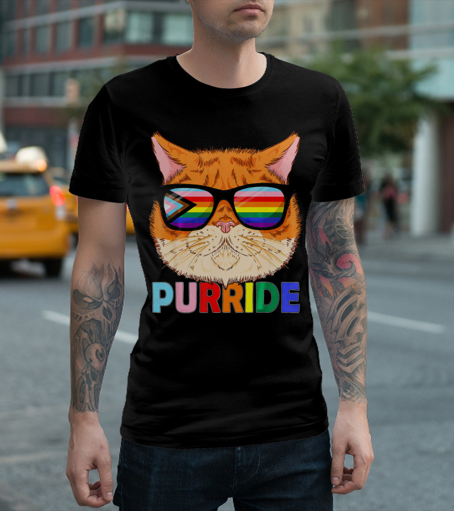 Progress Pride Purride Cat Kitten Sunglasses Rainbow Flag T-Shirt
