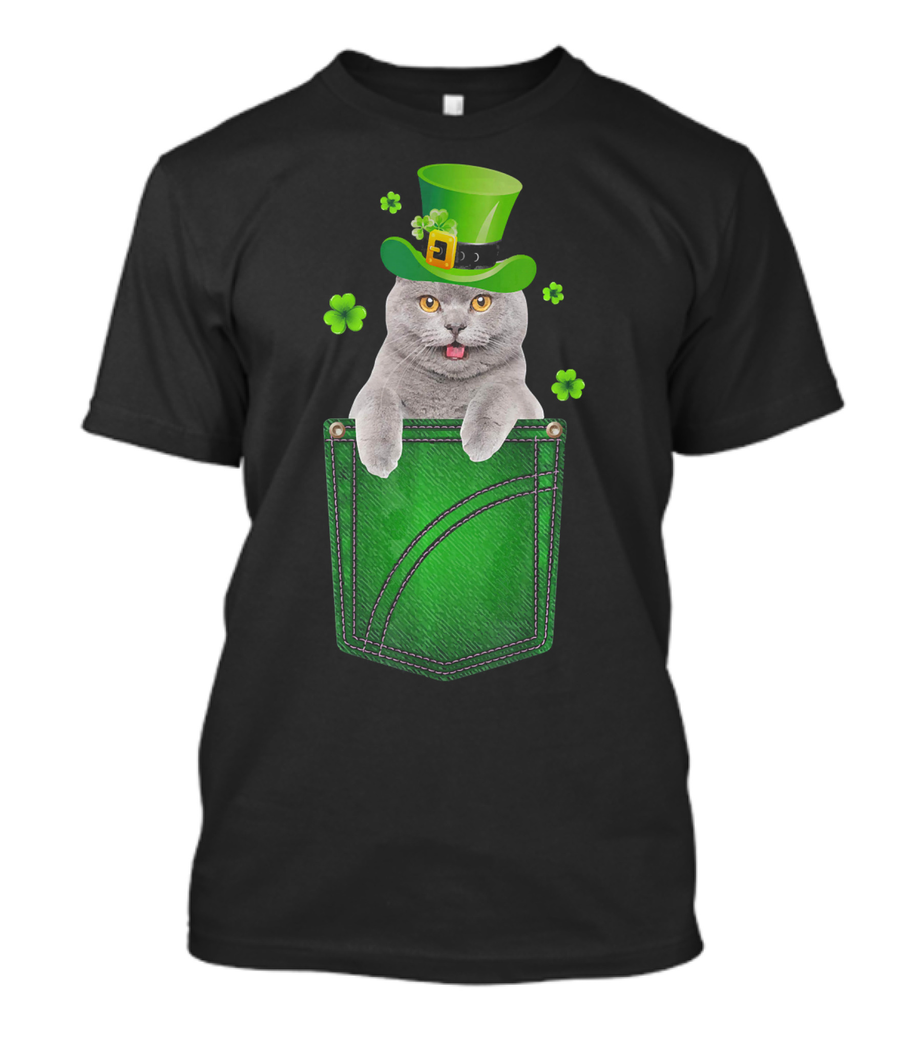 Cat In Your Pocket Kitty Kitten With Green Top Hat And Clovers T-Shirt