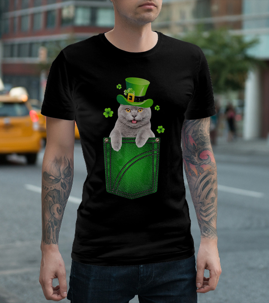 Cat In Your Pocket Kitty Kitten With Green Top Hat And Clovers T-Shirt