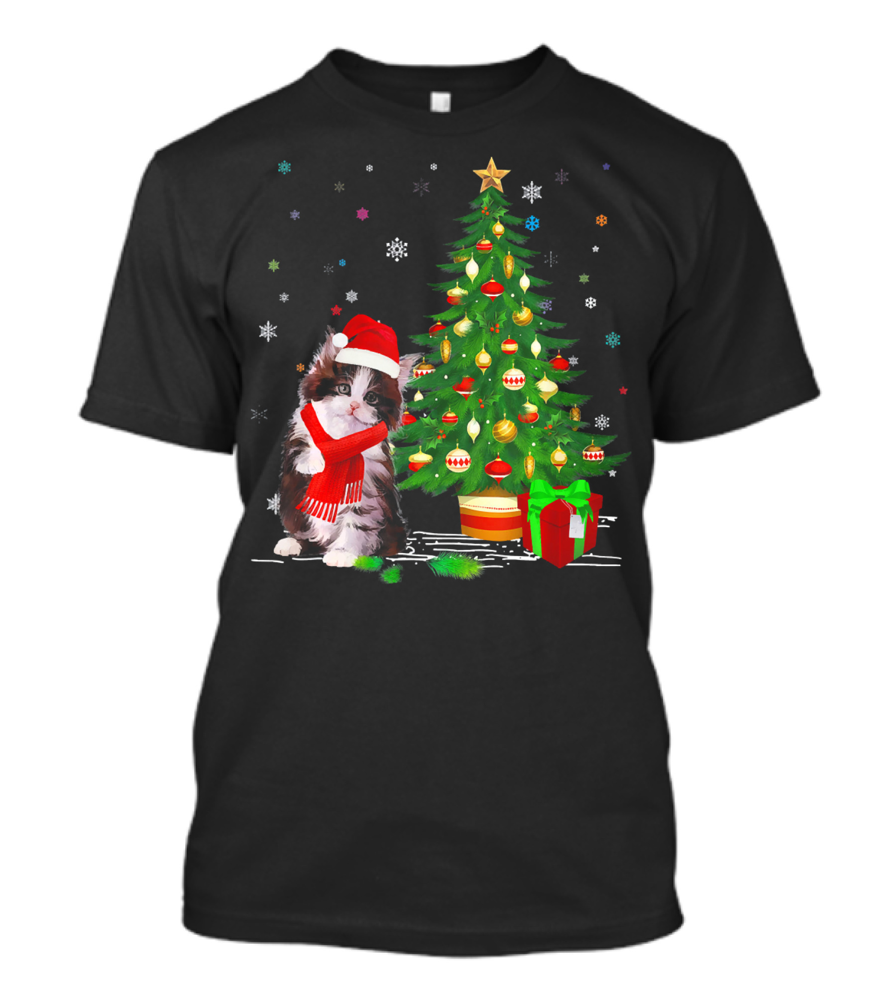 Funny Maine Coon Cats Lover Santa Christmas Tree Snowflakes T-Shirt