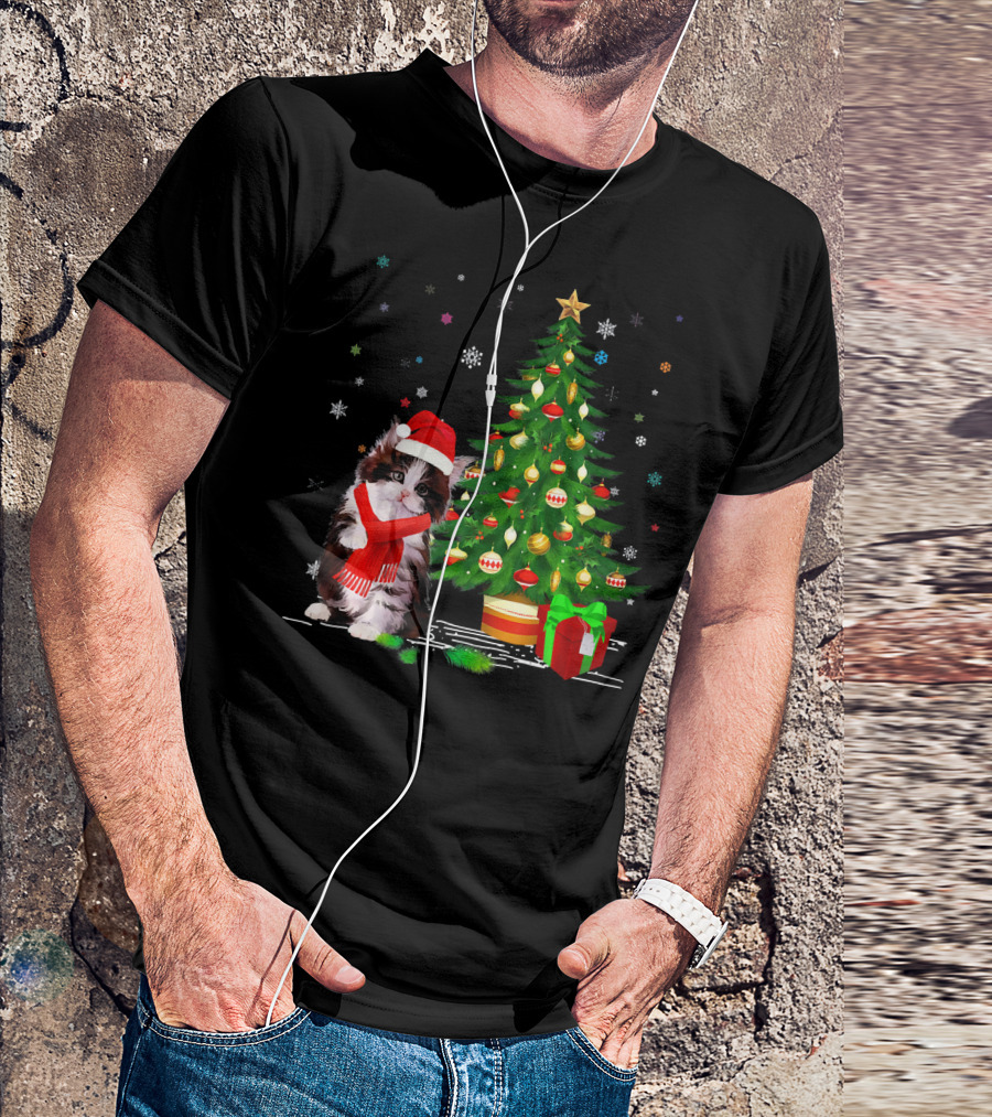 Funny Maine Coon Cats Lover Santa Christmas Tree Snowflakes T-Shirt