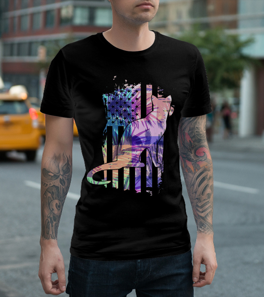 Maine Coon Cat American Flag Summer Sunset Beach T-Shirt