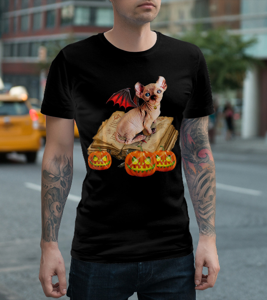 Happy Halloween Sphynx Cat with Bat Wings on Spooky Spell Book and Jack-o'-Lanterns T-Shirt