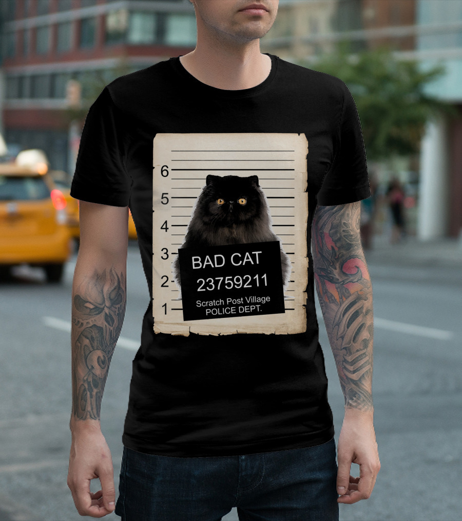 Bad Cat Persian Black Kitten Police Department Mugshot Scratch Post Village T-Shirt