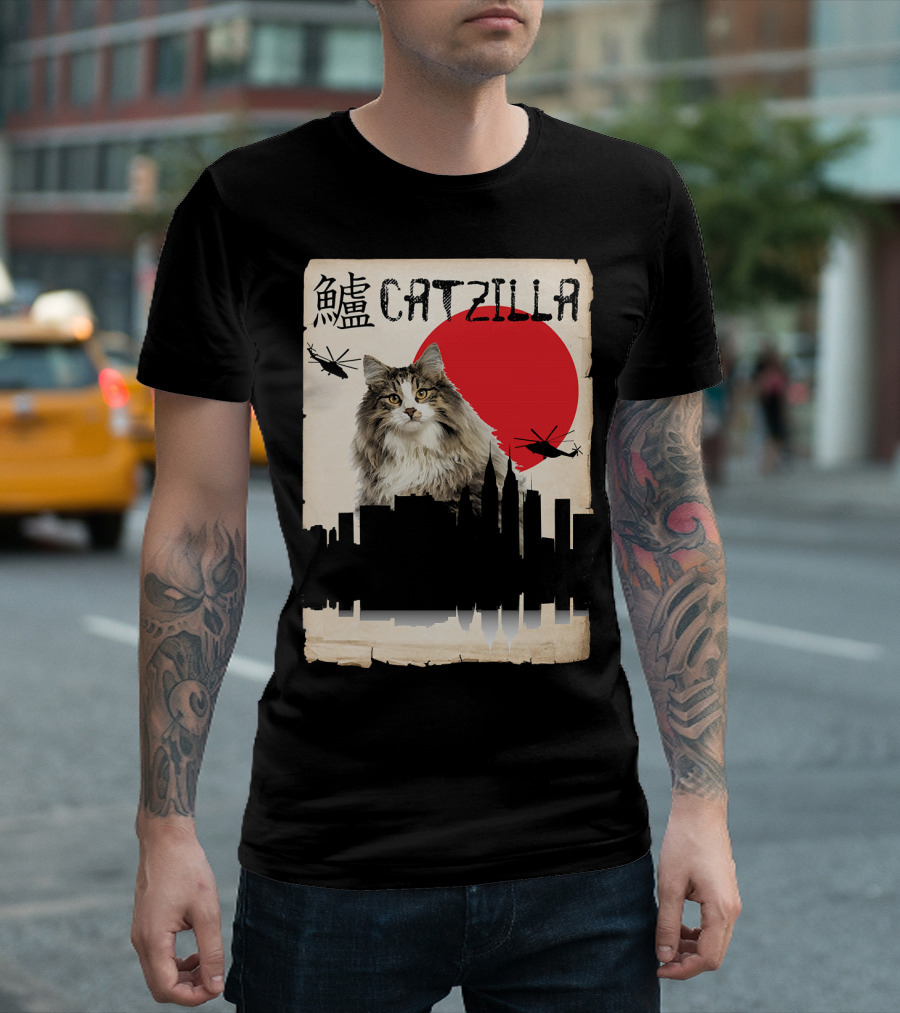 Catzilla Norwegian Forest with Helicopters and City Skyline T-Shirt