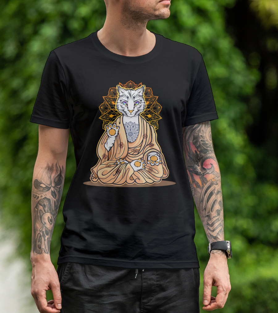 Cat Kitten Yoga Buddha Zen Meditation With Mandala Halo T-Shirt