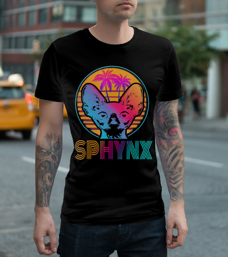 Sphynx Cat Retro 80s Outrun with Neon Palm Trees and Sunset Stripes T-Shirt