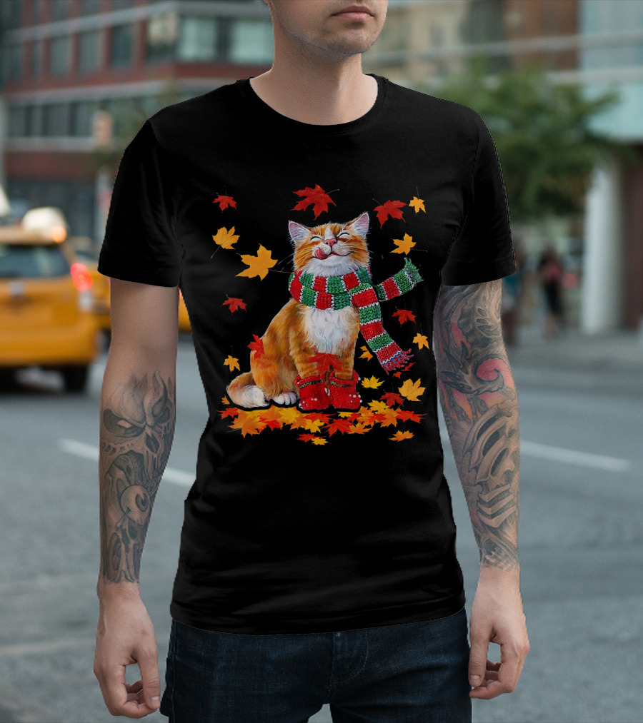 Maple Cat Leaf Fall Cozy Autumn Warmth with Scarf T-Shirt