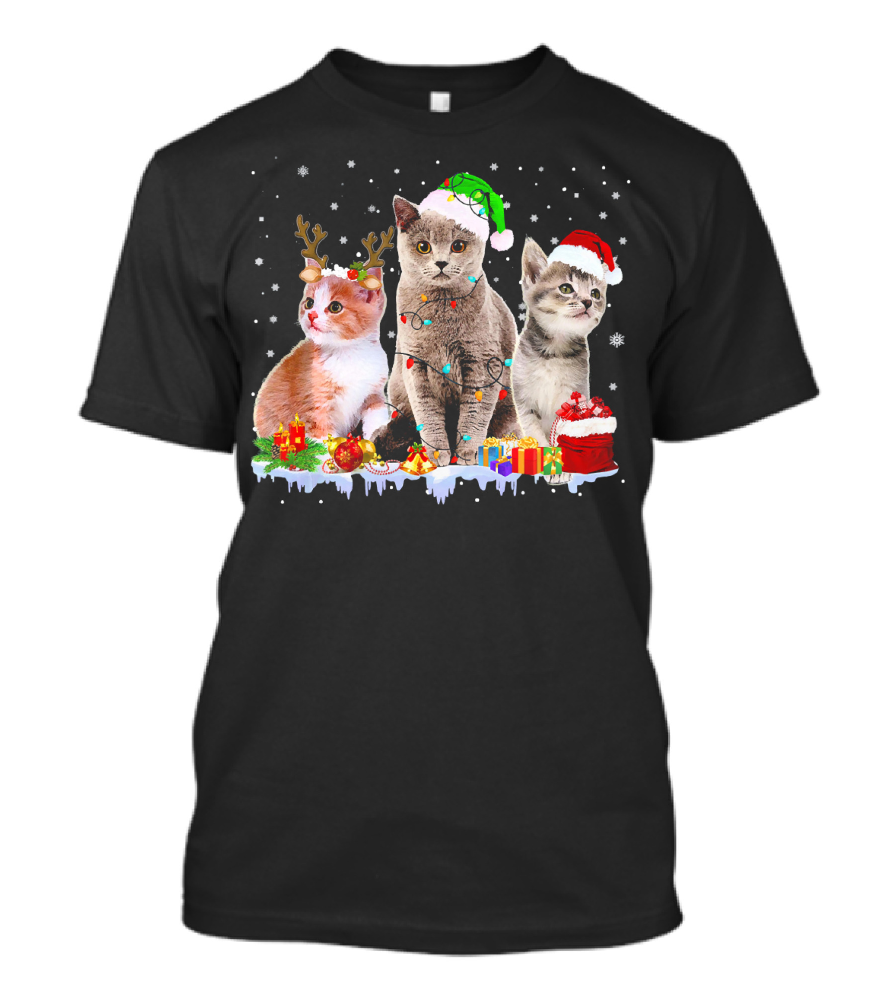 Three Cats Christmas With Holiday Hats And Decorations T-Shirt