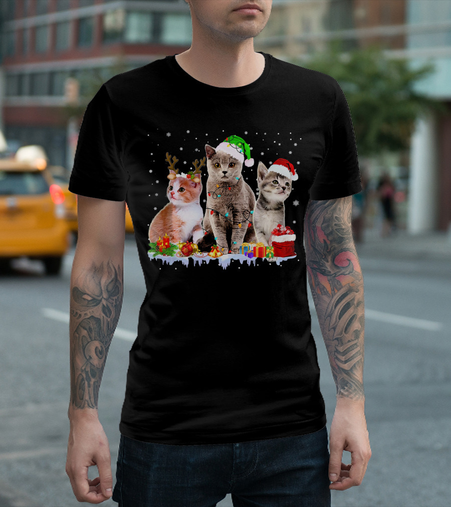 Three Cats Christmas With Holiday Hats And Decorations T-Shirt