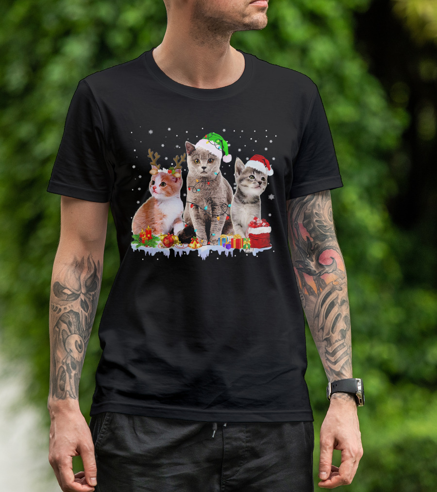 Three Cats Christmas With Holiday Hats And Decorations T-Shirt