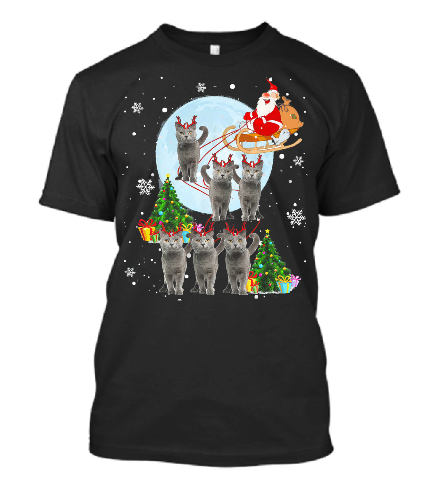 Russian Blue Cat Santa Reindeer Christmas Magic T-Shirt