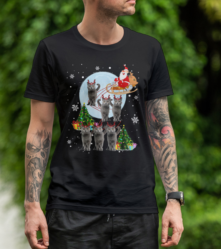 Russian Blue Cat Santa Reindeer Christmas Magic T-Shirt