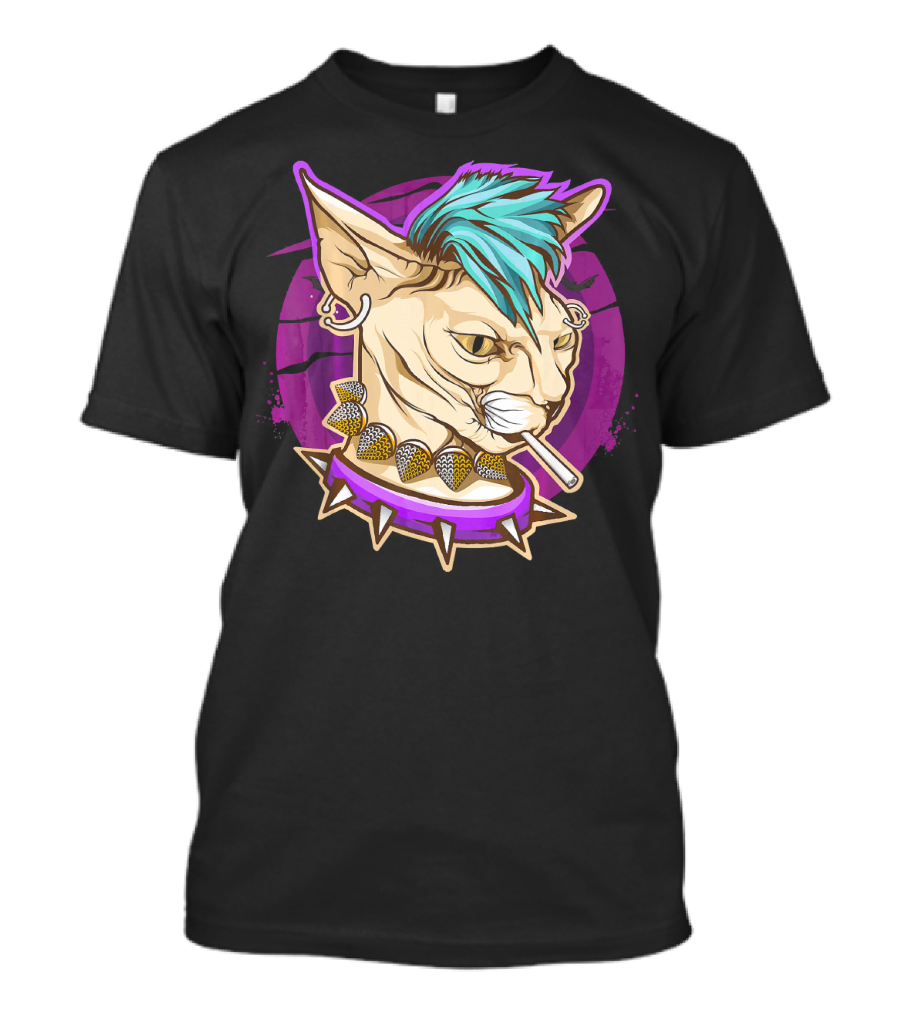 Funny Punk Sphynx Cat With Green Mohawk And Cigarette In Purple Grunge T-Shirt