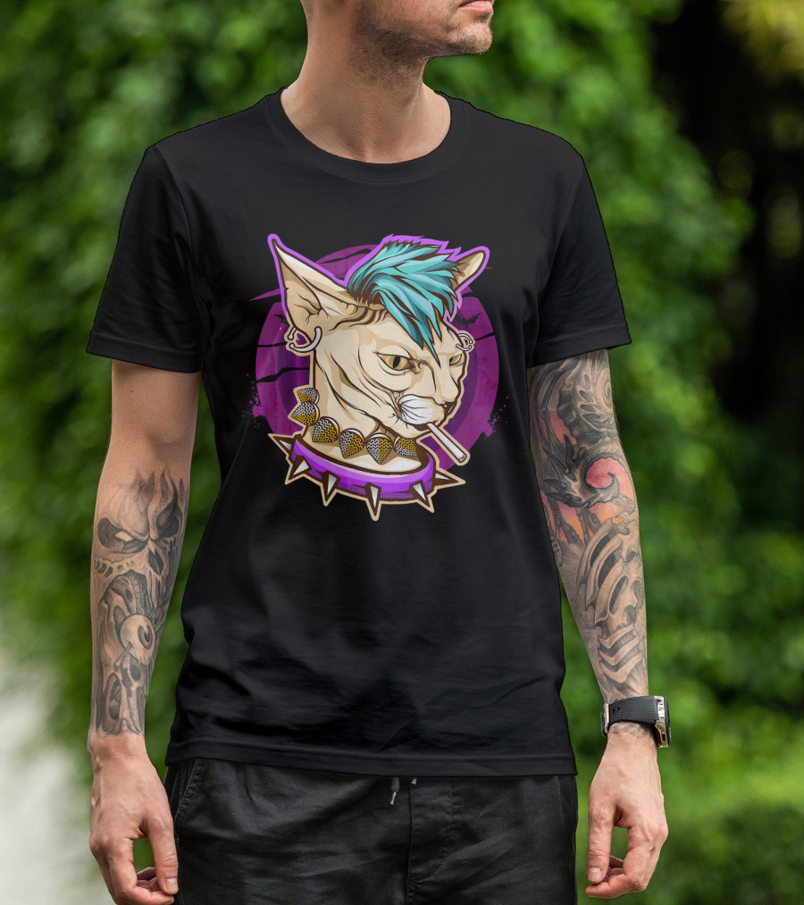 Funny Punk Sphynx Cat With Green Mohawk And Cigarette In Purple Grunge T-Shirt