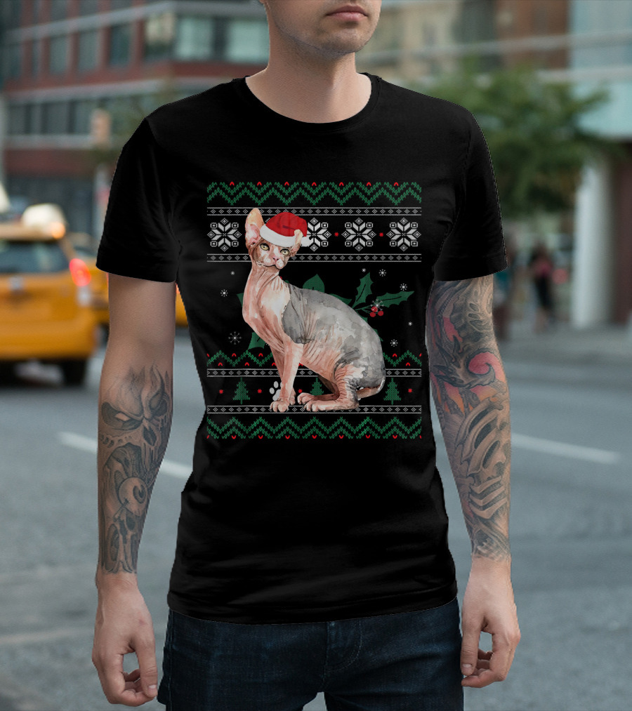 Cute Sphynx Cat Hairless Grey Santa Hat Christmas T-Shirt