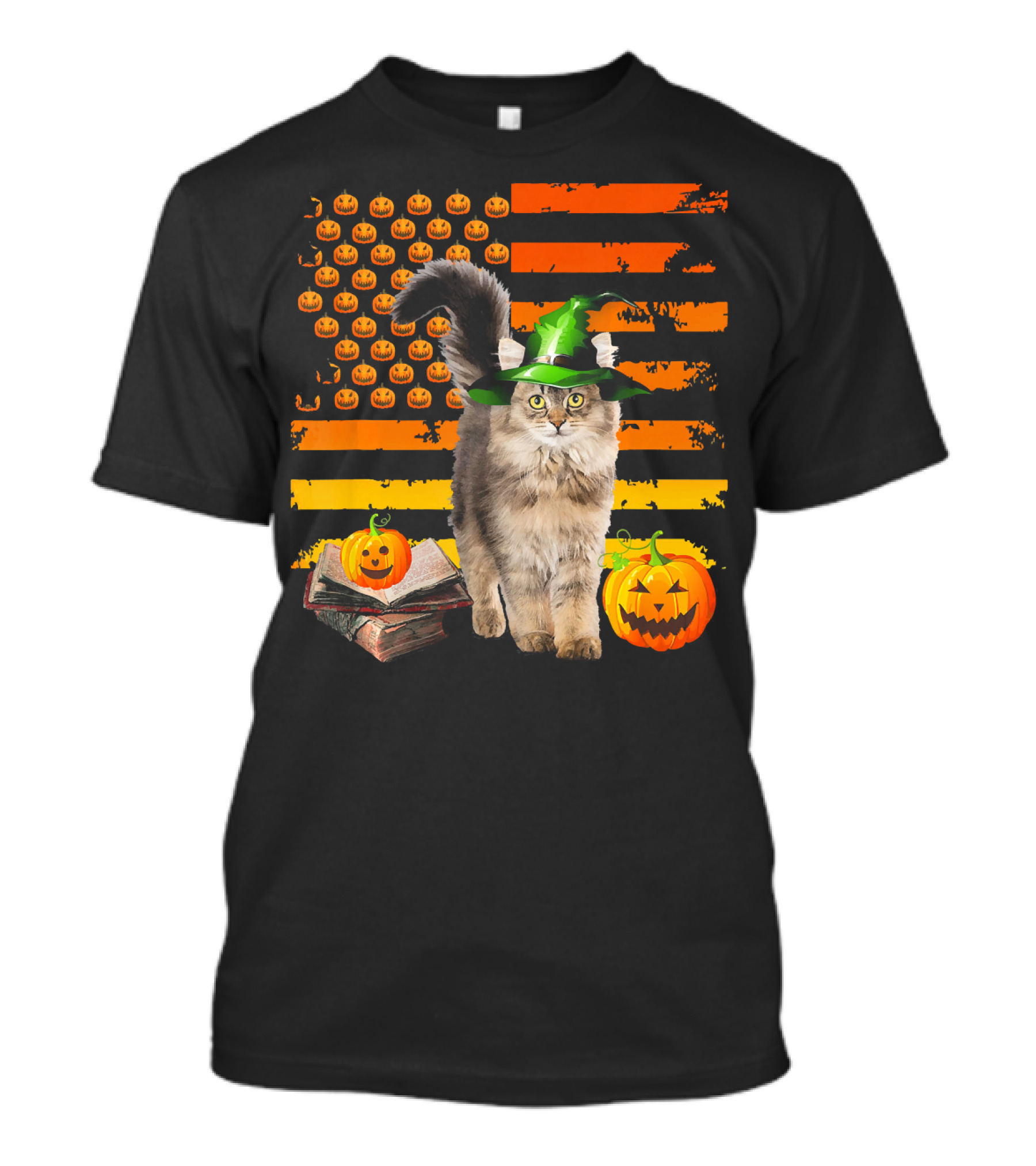 Halloween Maine Coon Cat With Witch Hat And Pumpkins T-Shirt