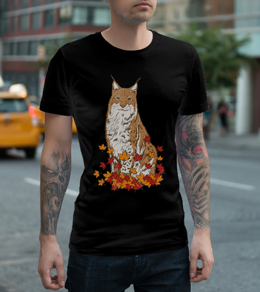 Fall Lynx Bobcat Cute Spirit Animal Autumn Leaves T-Shirt