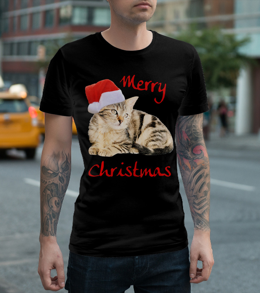 Merry Christmas Cat Cute Kitten Santa Hat T-Shirt