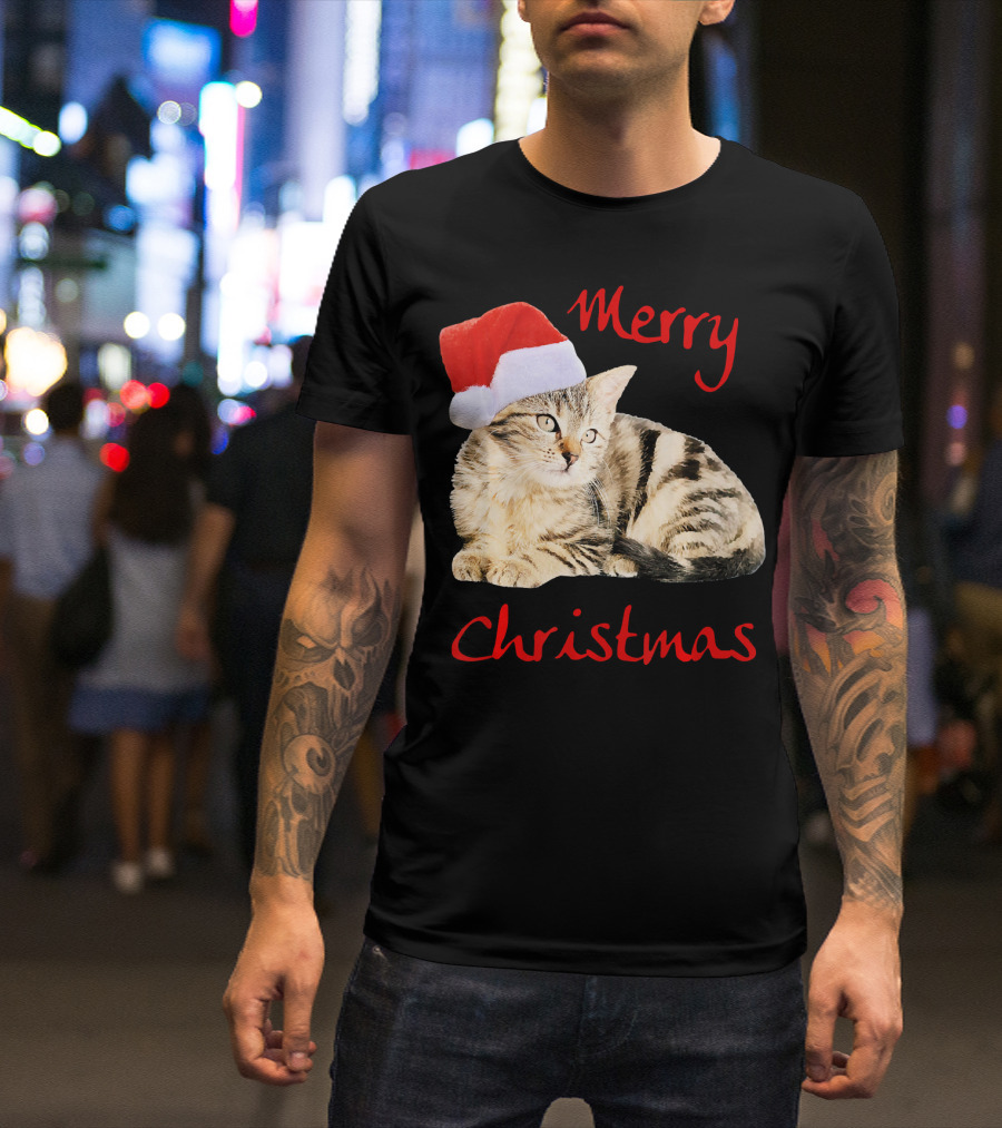 Merry Christmas Cat Cute Kitten Santa Hat T-Shirt