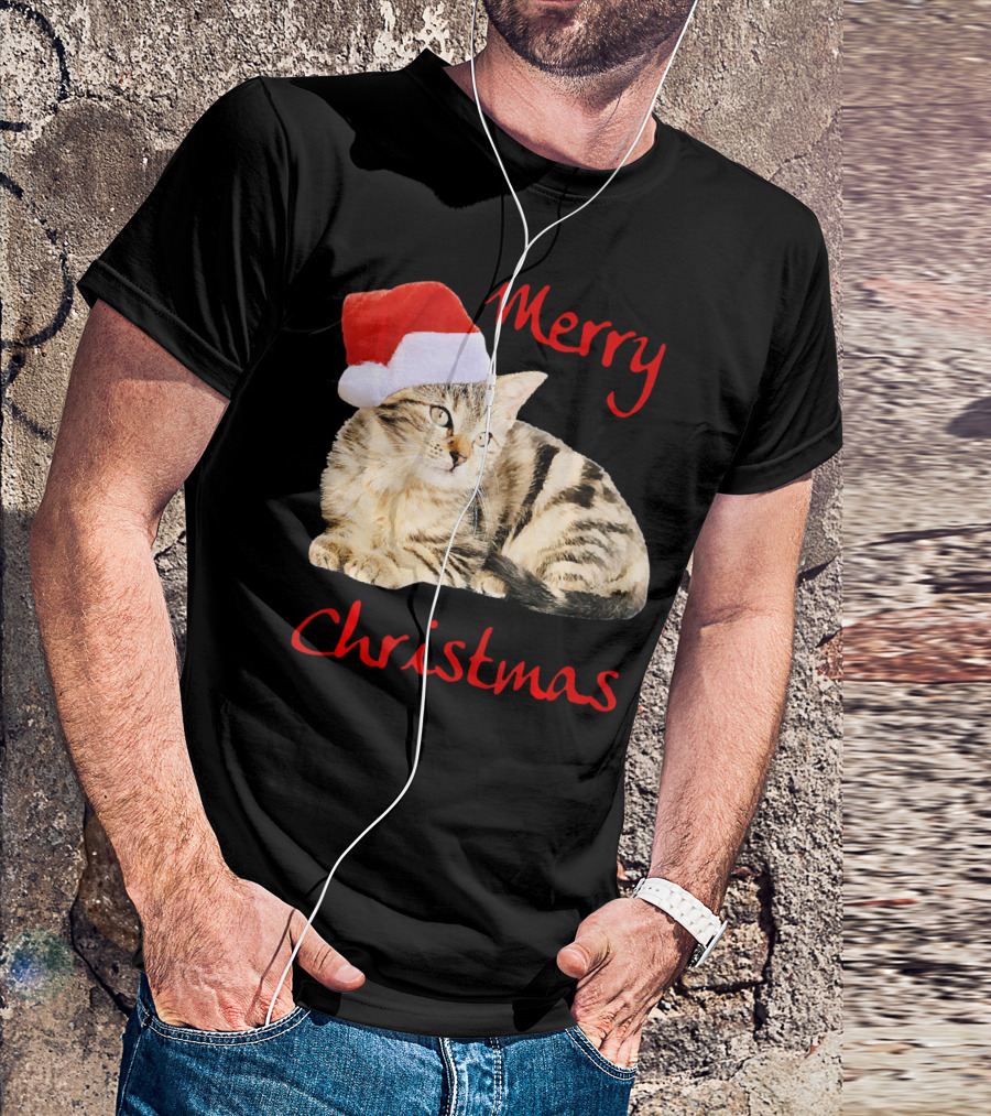Merry Christmas Cat Cute Kitten Santa Hat T-Shirt
