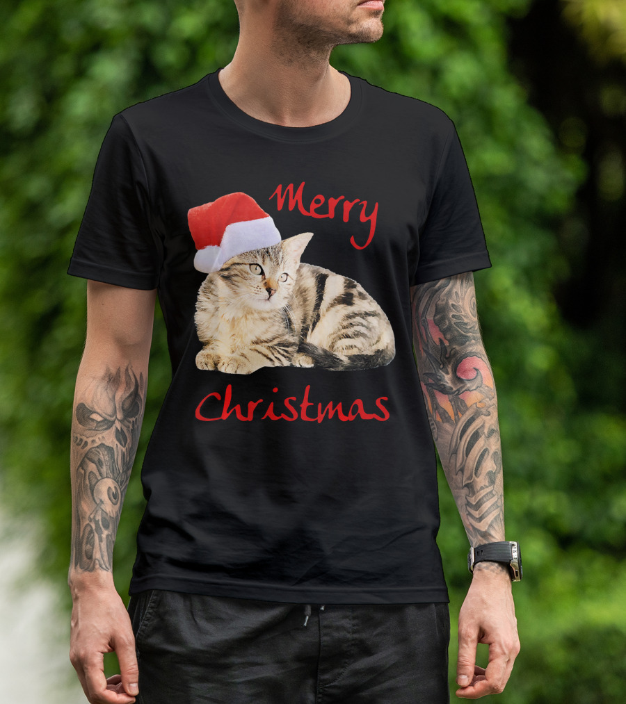 Merry Christmas Cat Cute Kitten Santa Hat T-Shirt