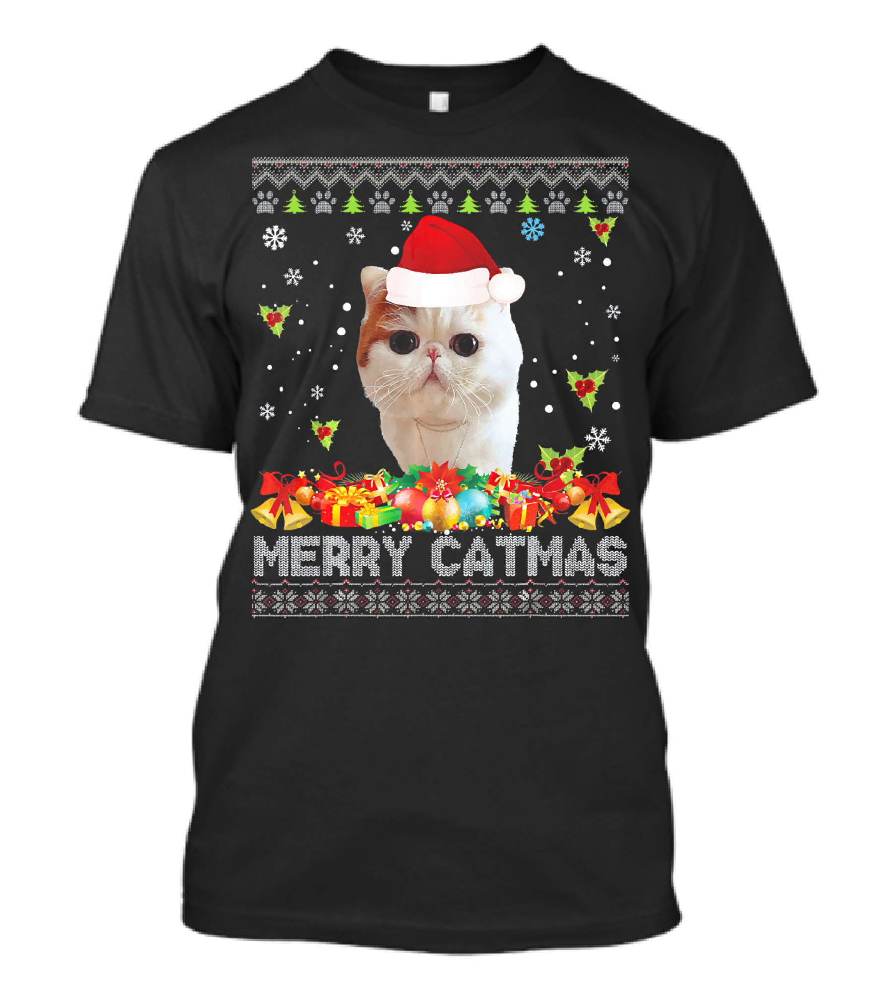 Merry Catmas Exotic Shorthair Cat In Christmas Hat With Snowflakes And Gifts T-Shirt