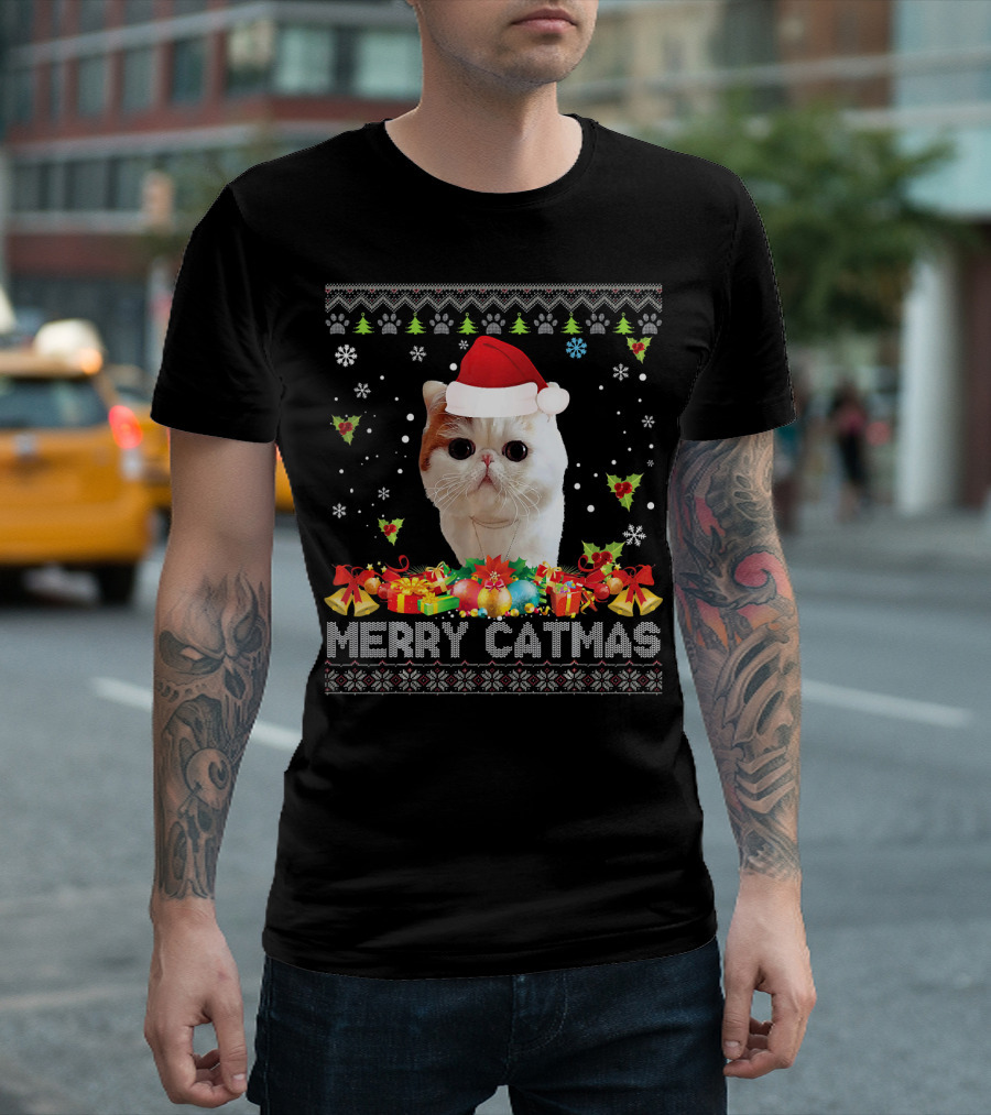 Merry Catmas Exotic Shorthair Cat In Christmas Hat With Snowflakes And Gifts T-Shirt