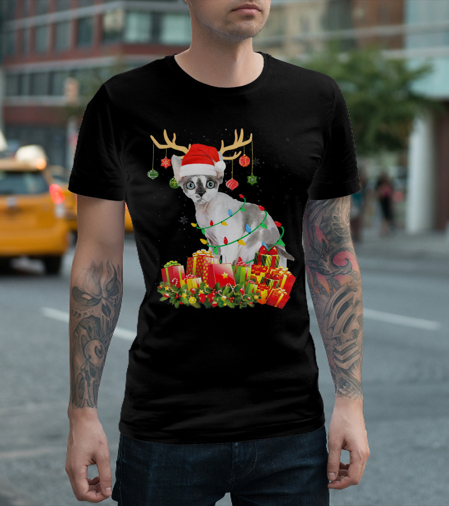 Devon Rex Cat Reindeer Santa Hat Christmas Gifts Holiday Lights T-Shirt