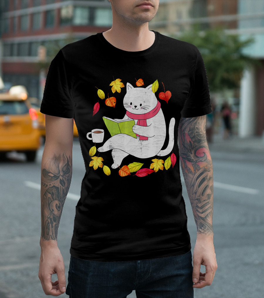 Funny Autumn Cat With Maple Leaves And Coffee Reading Book T-Shirt