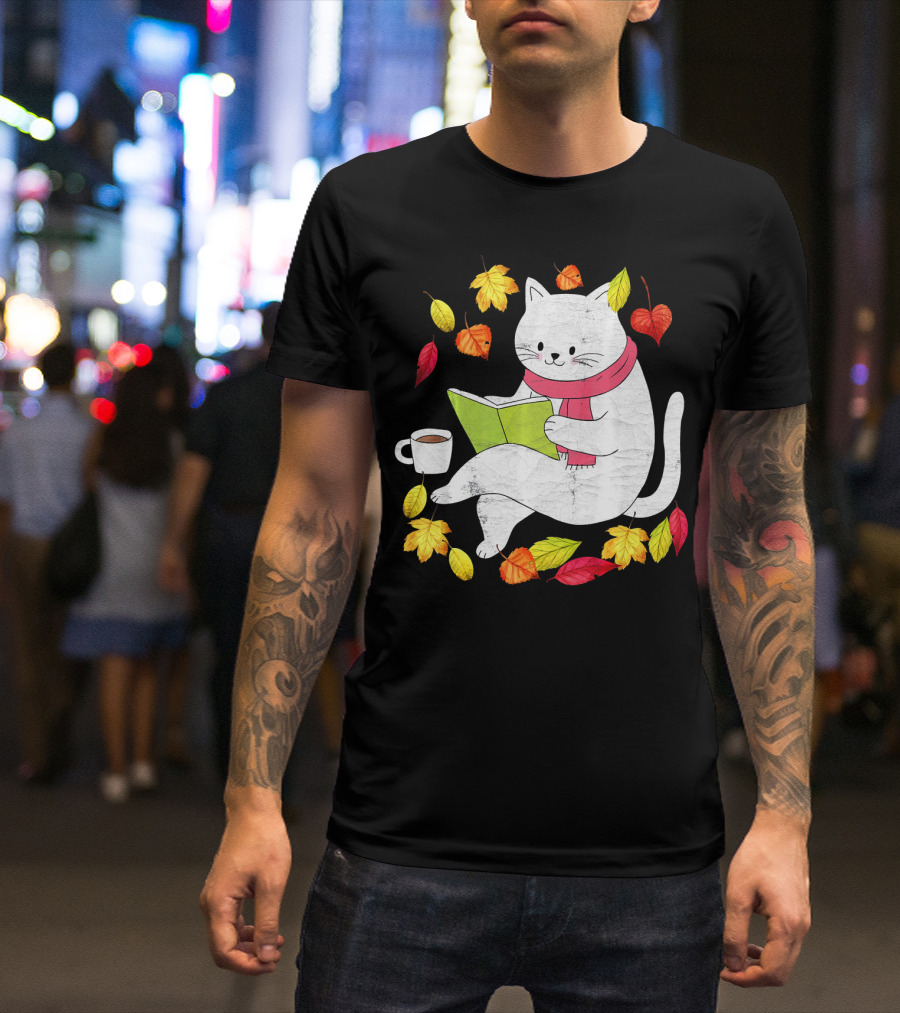 Funny Autumn Cat With Maple Leaves And Coffee Reading Book T-Shirt