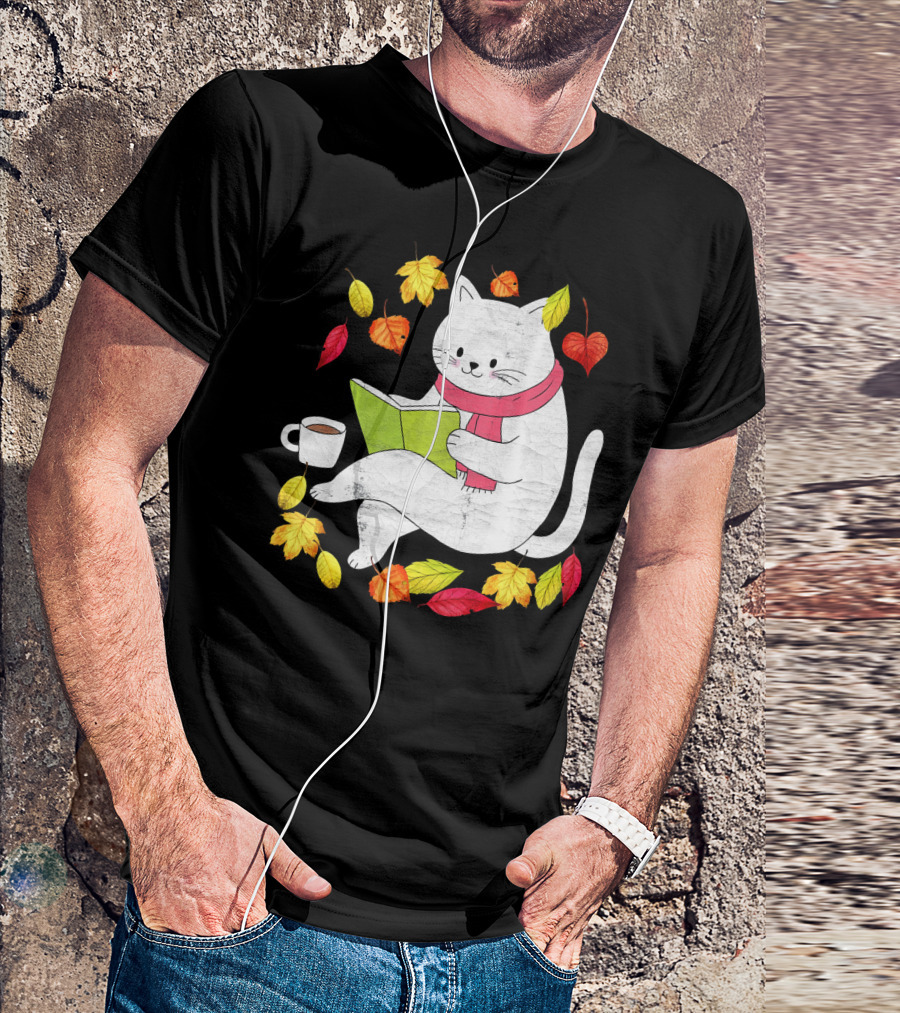 Funny Autumn Cat With Maple Leaves And Coffee Reading Book T-Shirt