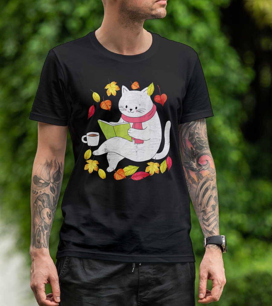 Funny Autumn Cat With Maple Leaves And Coffee Reading Book T-Shirt