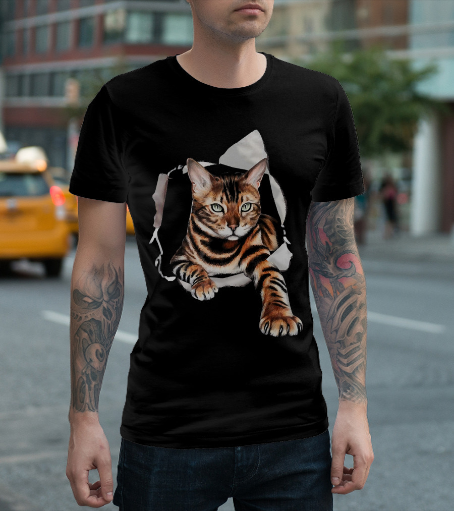 Bengal Cat Clawing Through Torn Paper Background T-Shirt