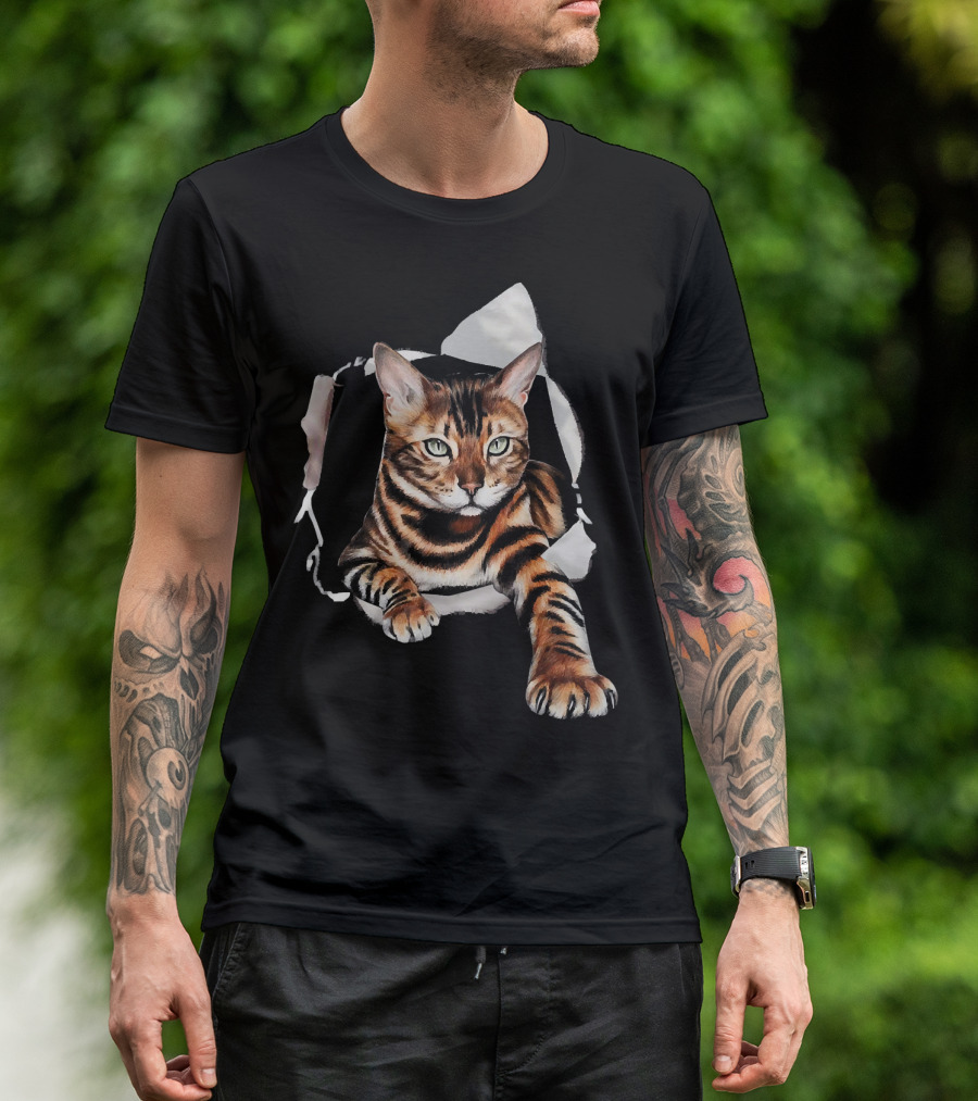 Bengal Cat Clawing Through Torn Paper Background T-Shirt