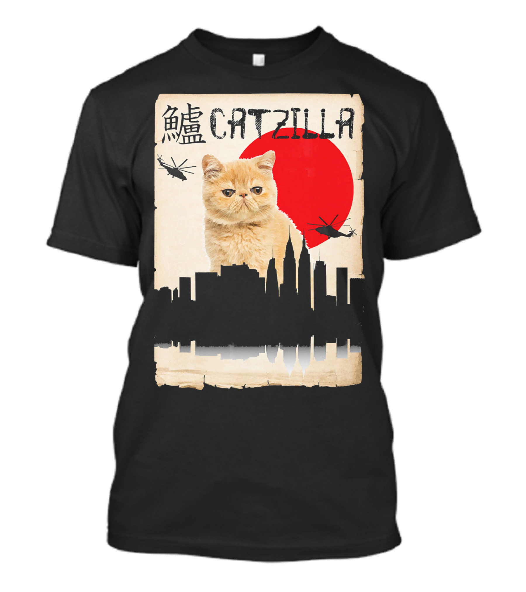 Exotic Shorthair Orange Cat Catzilla Japanese Skyline Helicopters Red Sun T-Shirt