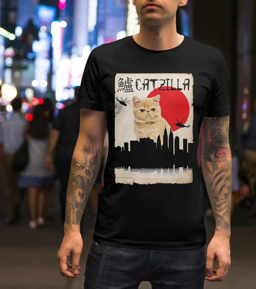 Exotic Shorthair Orange Cat Catzilla Japanese Skyline Helicopters Red Sun T-Shirt