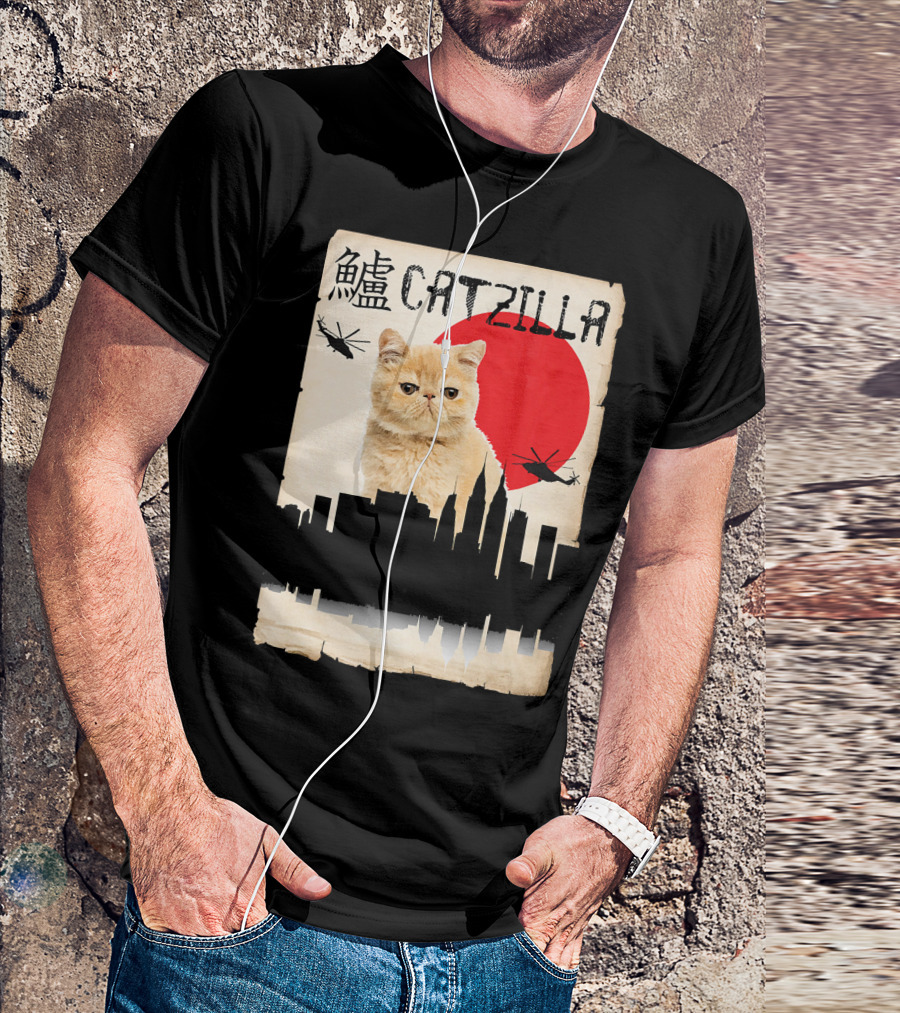 Exotic Shorthair Orange Cat Catzilla Japanese Skyline Helicopters Red Sun T-Shirt