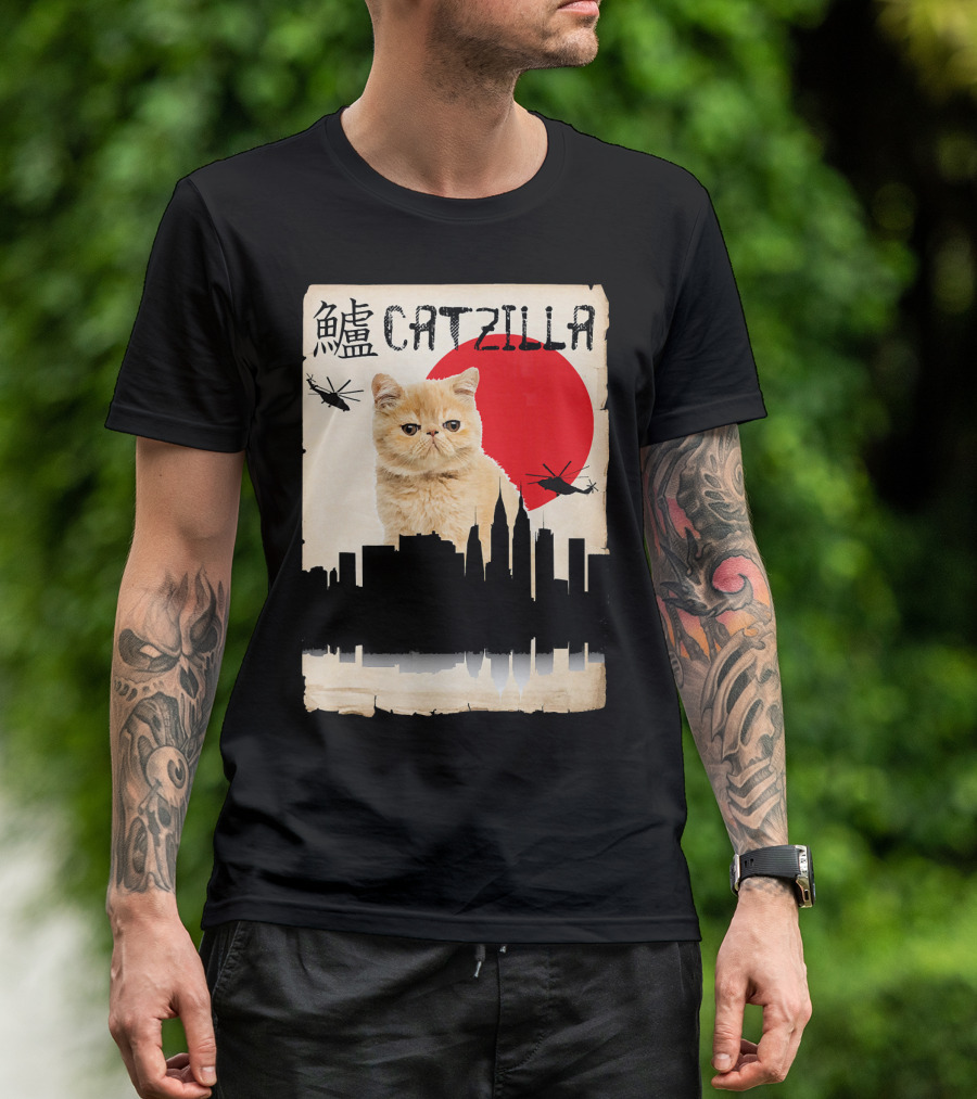 Exotic Shorthair Orange Cat Catzilla Japanese Skyline Helicopters Red Sun T-Shirt