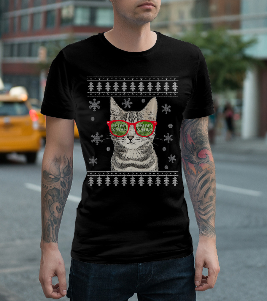 Cat Kitten Meowy Christmas Sunglasses Ugly Sweater Snowflakes Trees T-Shirt