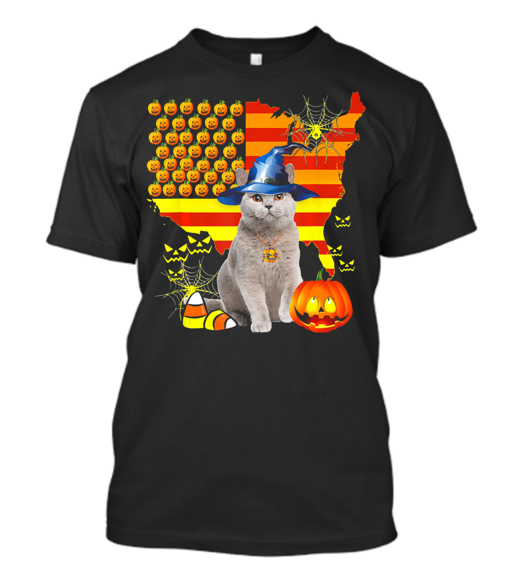 Halloween Scottish Fold Cat Witch Hat Pumpkins Candy Corn Spiders Webs USA Map T-Shirt