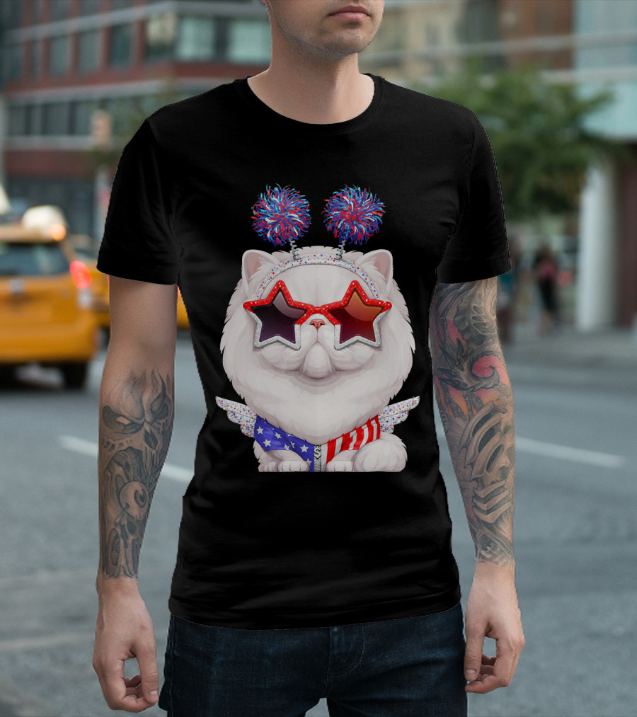 White Persian Cat American Independence Day 4th Of July Star Glasses T-Shirt