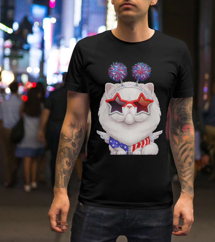 White Persian Cat American Independence Day 4th Of July Star Glasses T-Shirt