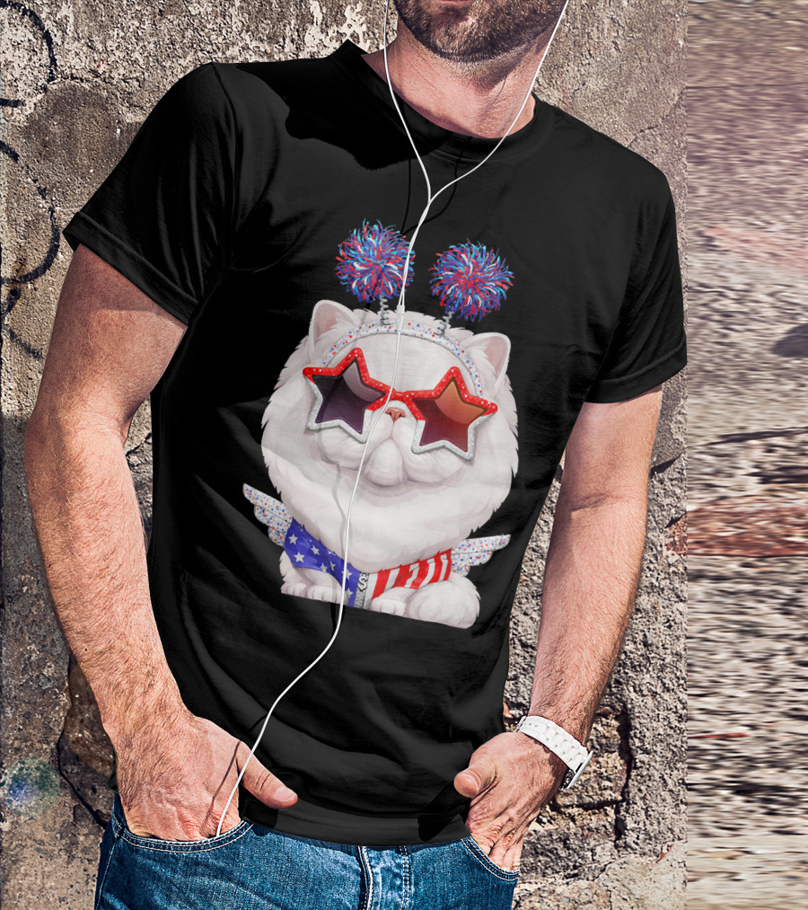 White Persian Cat American Independence Day 4th Of July Star Glasses T-Shirt