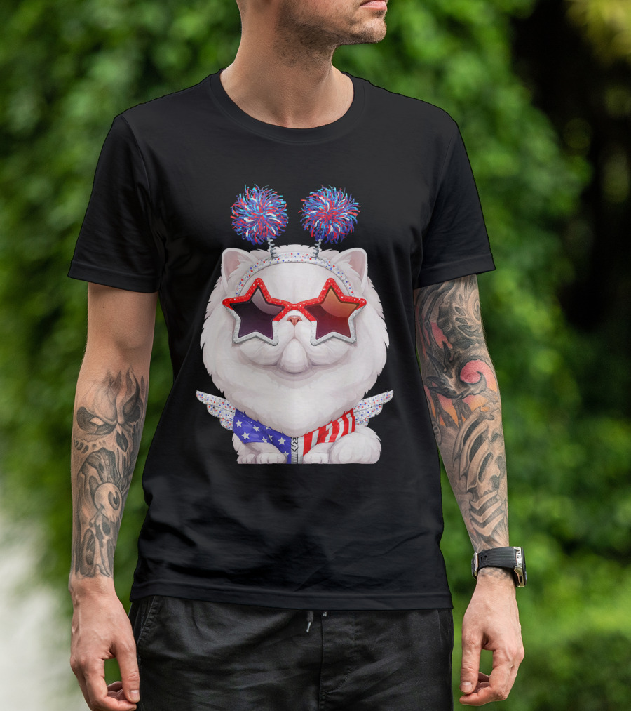 White Persian Cat American Independence Day 4th Of July Star Glasses T-Shirt