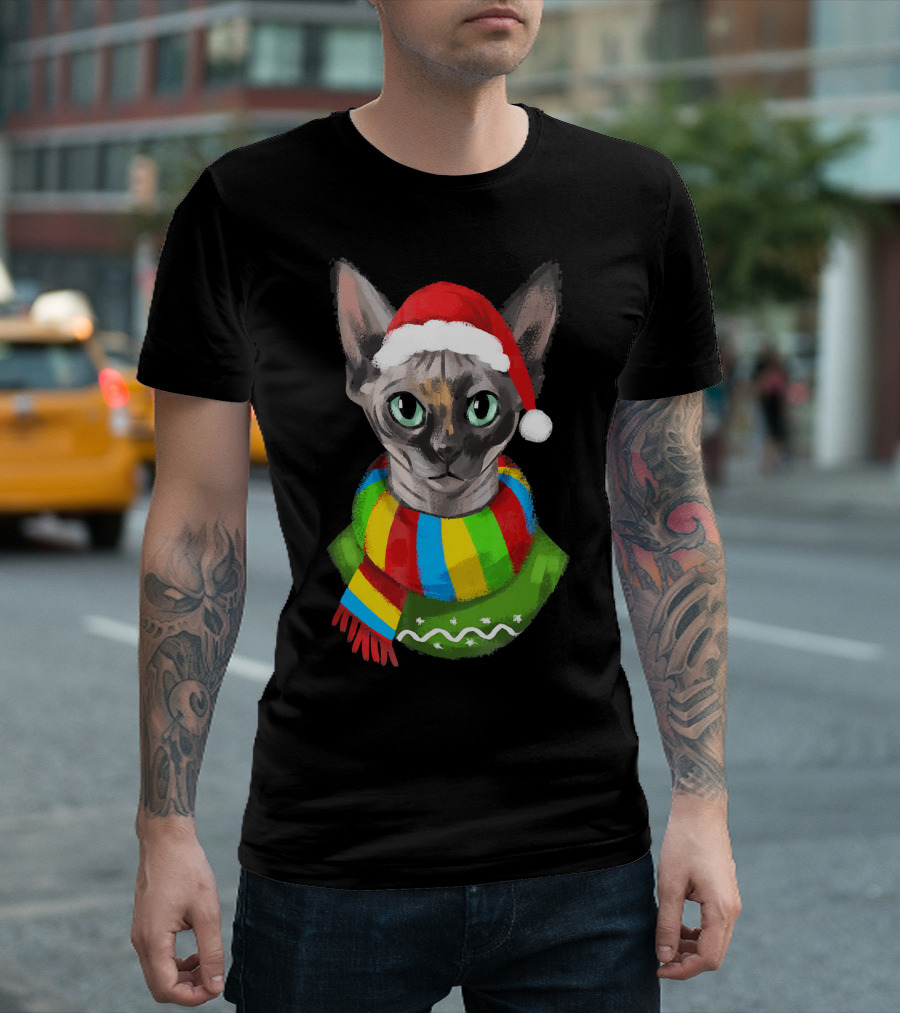Christmas Sphynx Cat in Santa Hat with Colorful Scarf T-Shirt