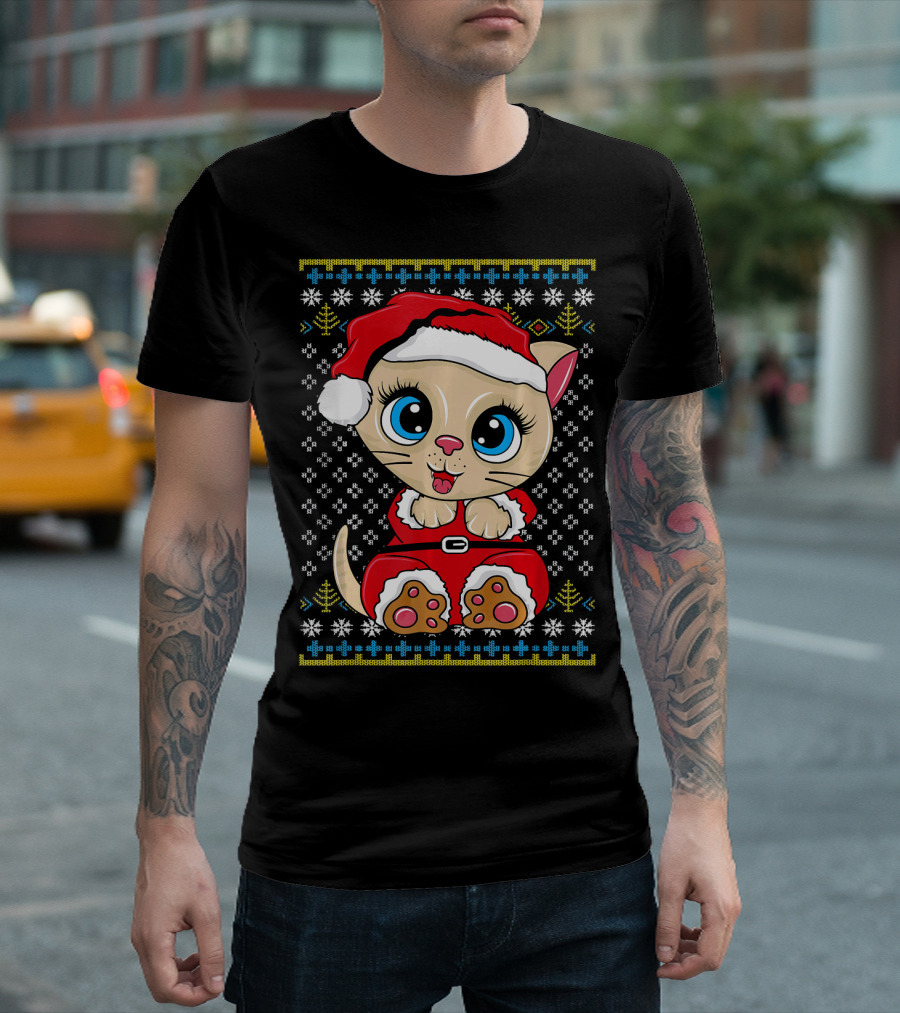 Santa Kitten Ugly Christmas Sweater Style Cartoon Cat T-Shirt