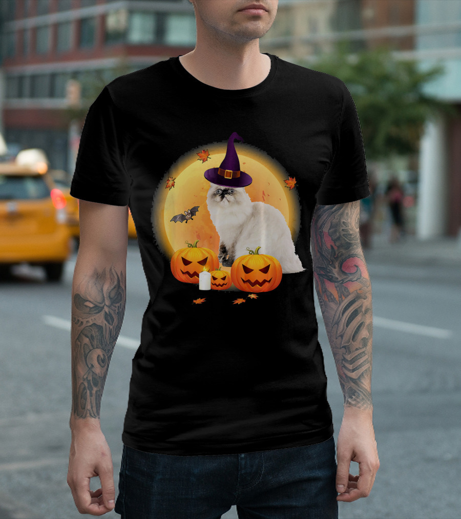 Himalayan Cat Halloween Witch Hat Pumpkins Full Moon T-Shirt