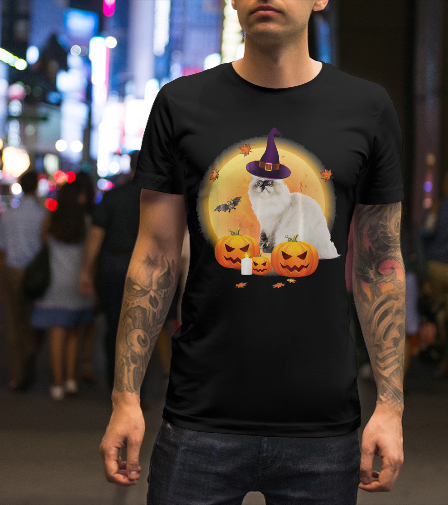 Himalayan Cat Halloween Witch Hat Pumpkins Full Moon T-Shirt